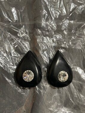 Black Teardrop Earrings with Clear Crystal Accent